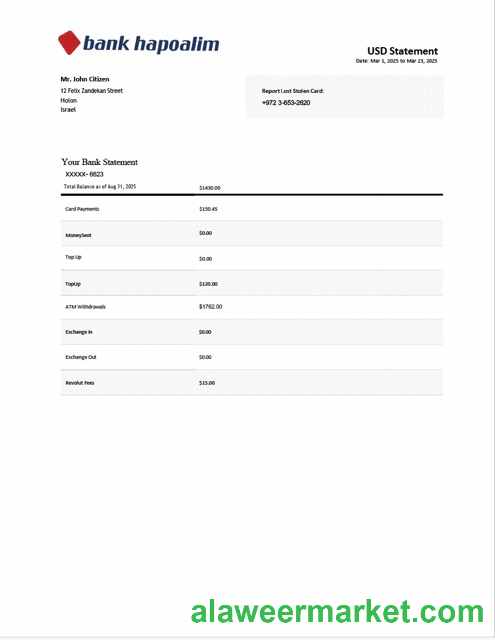Israel Bank Hapoalim bank statement Word and PDF template
